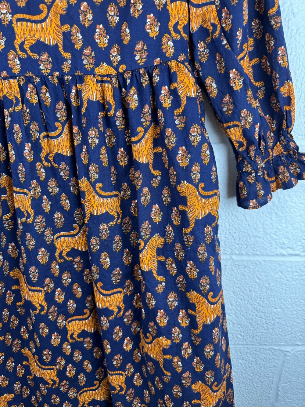 Pink City Prints Tiger Block Print Cotton Midi Dress Ruffle Neck India Size M - Picture 6 of 13